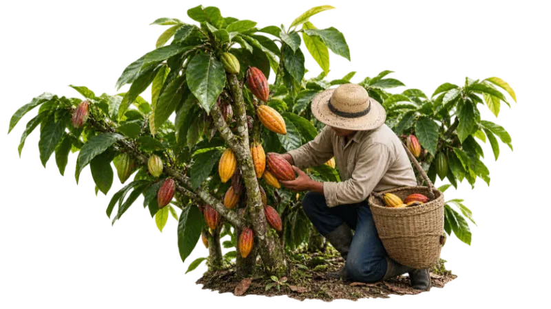 Un cultivador agachado junto a un árbol de cacao corta con la mano una mazorca madura del tronco. Lleva sombrero de paja y a la espalda un canasto de fibra con las mazorcas ya recogidas.