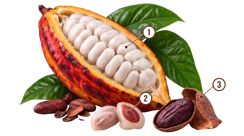 Una mazorca de cacao abierta a lo largo, con los granos ordenados en hileras y envueltos en pulpa blanca. La marca 1 señala el mucílago; la 2, un grano partido; la 3, la cascarilla desprendida de un grano seco.